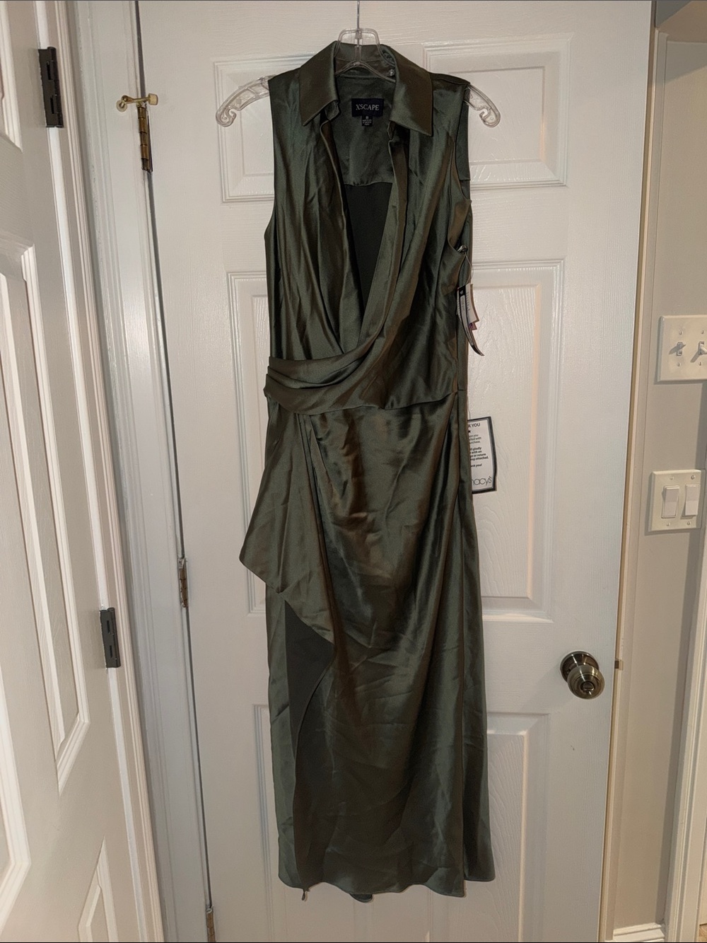 Xscape Olive Satin Asymmetrical Draped Sleeveless Dress